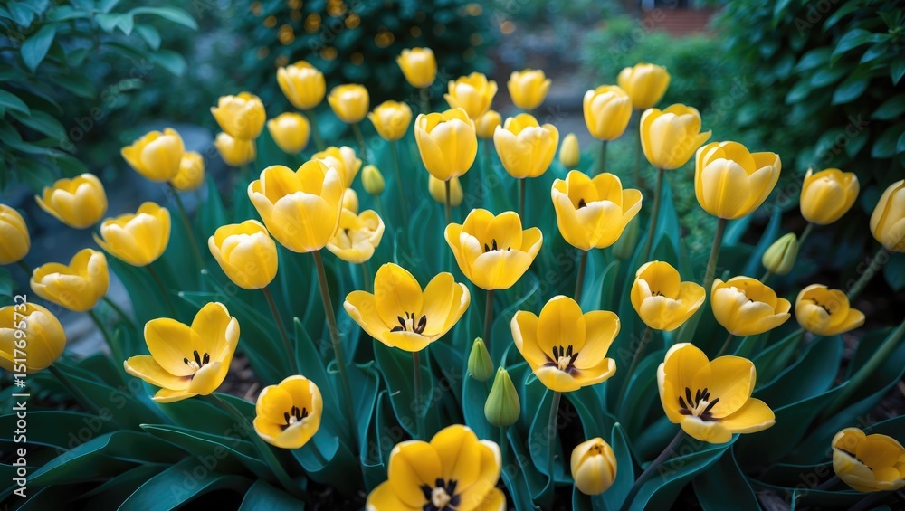 Fototapeta premium Vibrant yellow tulips in full bloom amidst a lush spring garden, celebrating seasonal renewal and natural beauty.