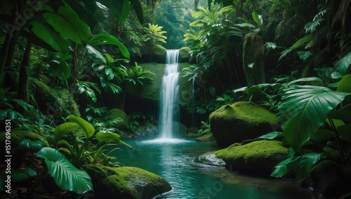 A tranquil Bali scene featuring a small waterfall flowing over mossy rocks amidst lush tropical leaves and vibrant foliage.