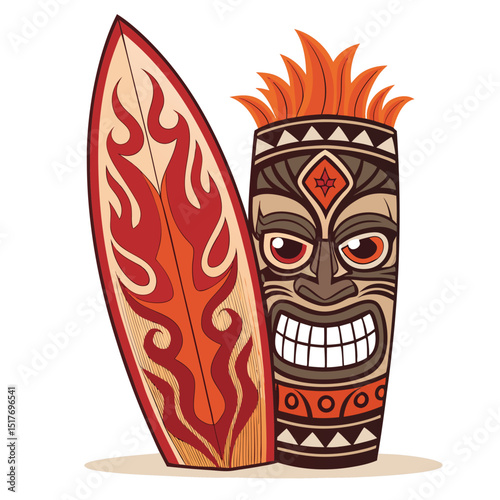 A vibrant tribal tiki face, carved in a Polynesian style, grins broadly while effortlessly holding a longboard surfboard.