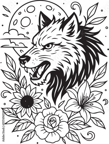 Tattoo Style Coloring Page for Adults –Printable Intricate Line Art for Relaxation, Stress Relief, and Mindful Coloring and Hobby Time