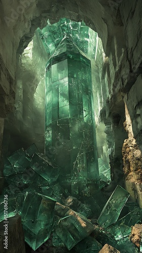 Mystical emerald spire in a subterranean cavern, a testament to geological wonder