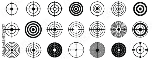 Icon set of target, aim, precision, and crosshair symbols for shooting sports, archery focus, and GPS navigation use

