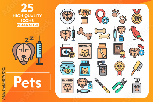 Pets Line Filled Icon Set. Incleded Icons No Pets, Trophy, Location, Pawprint, Medal, Anesthesia, Dog Biscuit, Treats, Medicine, Bird. Vector Icons Collection