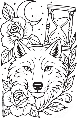 Tattoo Style Coloring Page for Adults –Printable Intricate Line Art for Relaxation, Stress Relief, and Mindful Coloring and Hobby Time