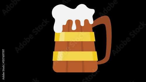 Animated Cartoon Wooden Beer Mug with Foam on Top, on a Transparent Background