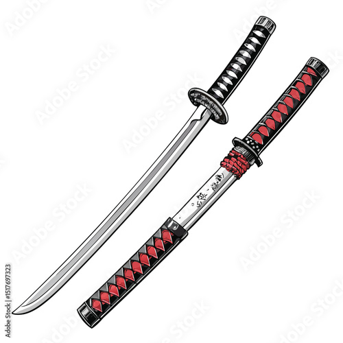 Render a pair of twin katanas, digitally distorted with glitching effects and a visible scabbard.  Emphasis on sharp details and vibrant, metallic sheen.