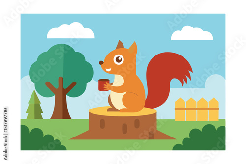 vector illustration of  squirrel eating on tree stump
