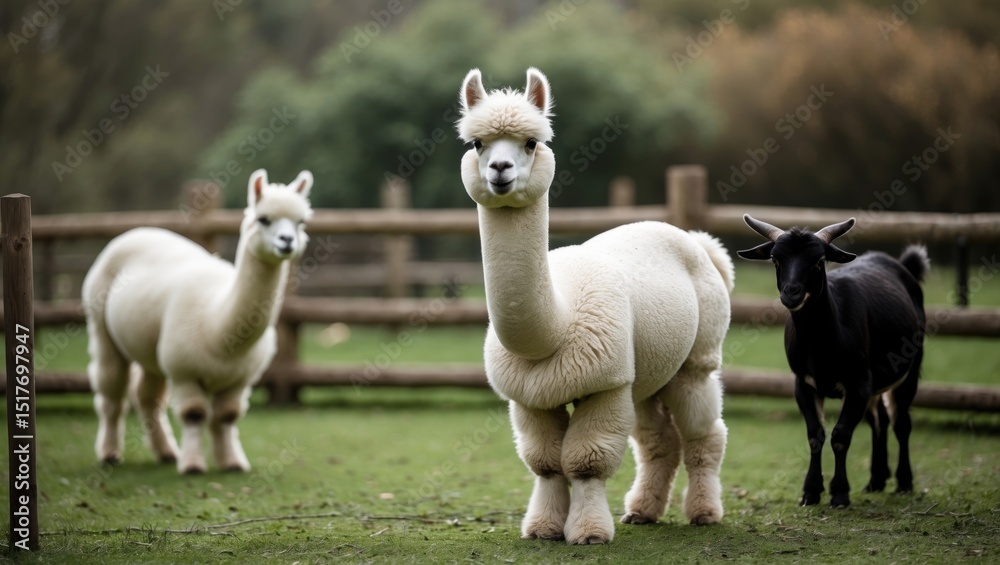 Fototapeta premium Adorable kids interacting with alpaca on a rural farm during fall