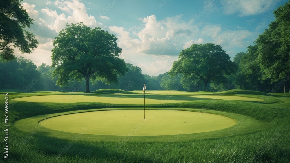 Naklejka premium Serene golf green and fairway landscape under sunny sky