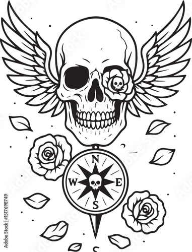 Tattoo Style Coloring Page for Adults –Printable Intricate Line Art for Relaxation, Stress Relief, and Mindful Coloring and Hobby Time