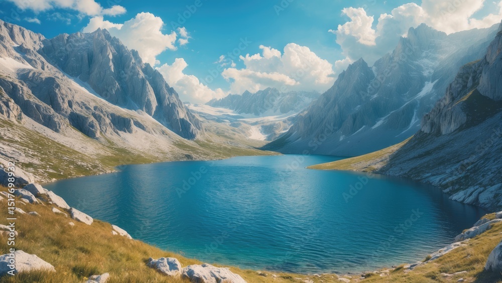 Obraz premium Scenic mountain lake view with lush green landscape and clouds