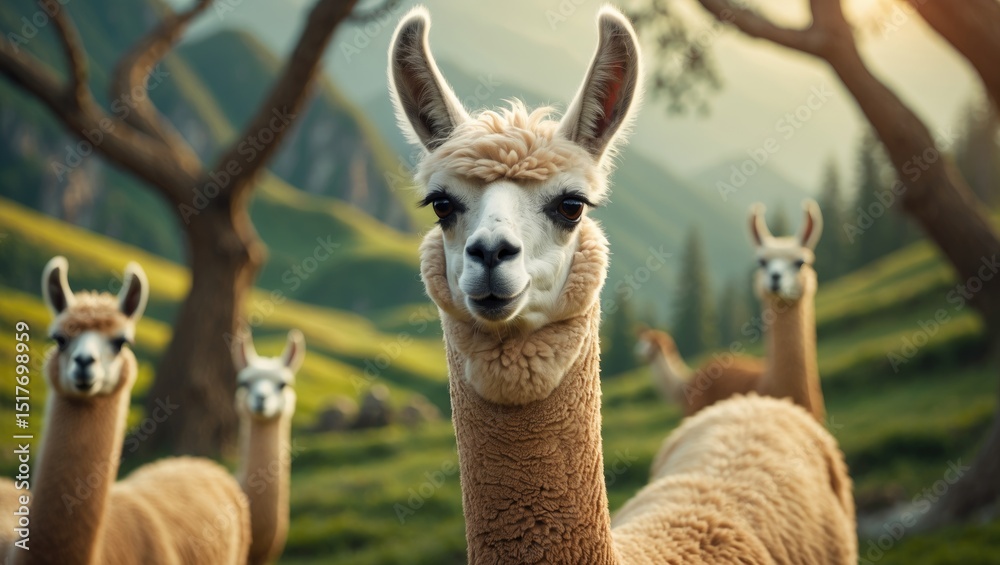 Fototapeta premium Portrait of a charming alpaca and llama headshot in natural setting