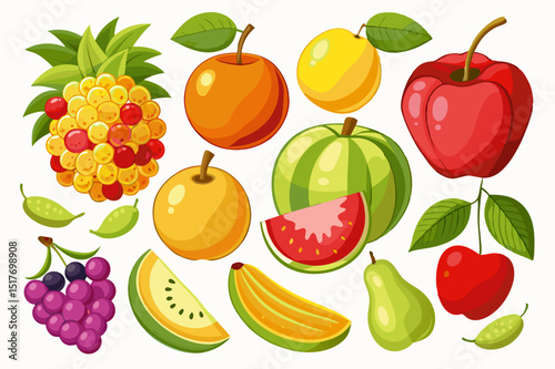 set of fruits and berries on white background