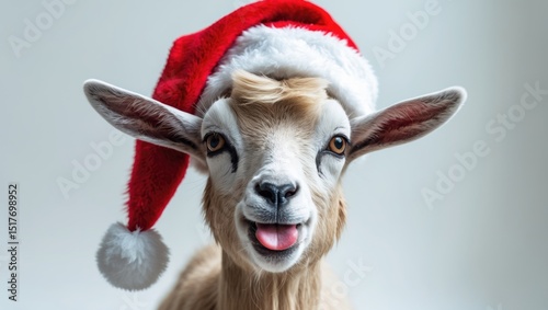 Merry goat with Santa Claus headgear, humorous and adorable, isolated on white for festive New Year and Christmas fun
