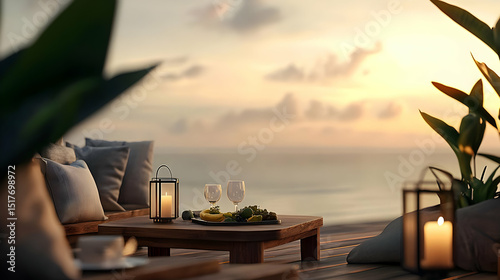 Elegant Outdoor Sunset Patio With Wooden Table and Drinks