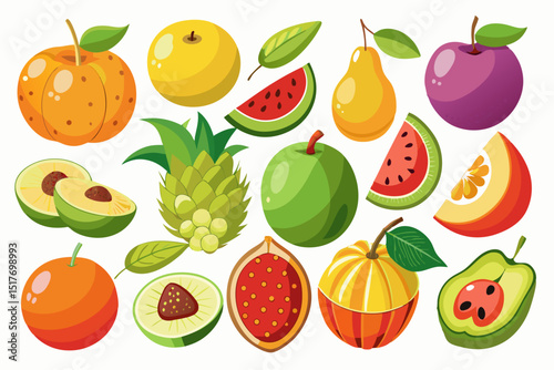 set of fruits and berries on white background