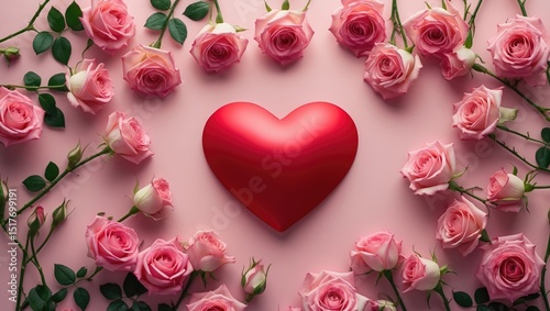 White floral background with pink roses and red heart for love and celebration