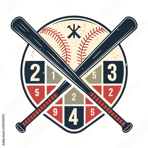 Design a vintage baseball scorecard motif featuring crossed baseball bats, a faded "FA" monogram, and distressed textures.  Include subtle baseball stitching details.