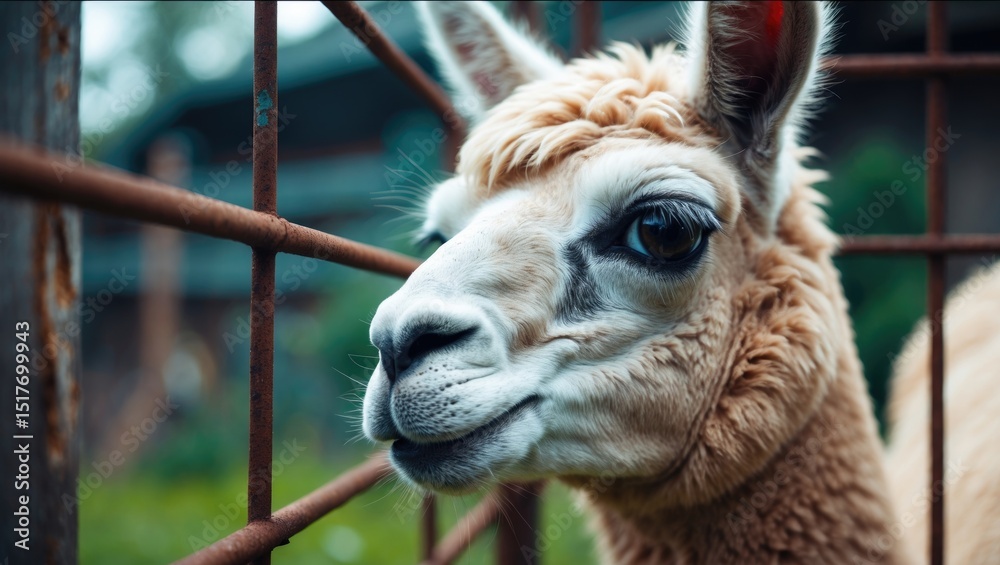 Fototapeta premium A curious white llama with black spots gazes at the camera through a tall red metal fence in a wildlife farm.