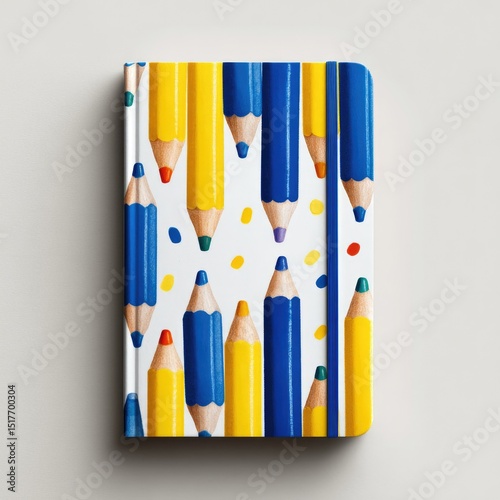 A small, hardbound notebook with a colorful pencil design
