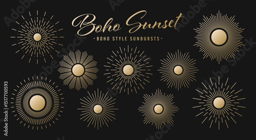 Vintage golden sunburst, sunset beams collection. Boho style, modern minimalist bohemian design. Hand drawn bursting sun, light rays. Logotype or lettering retro design element. Vector illustration
