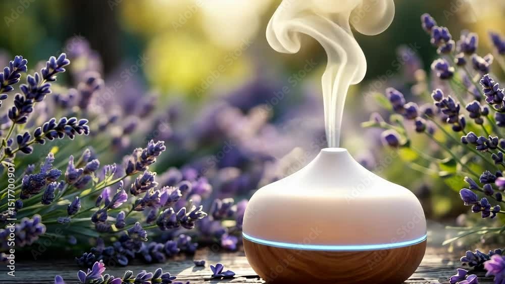 A calming aromatherapy diffuser releasing steam amid blooming lavender in a serene scene.