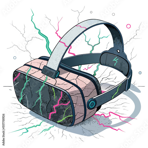 A cracked VR headset displaying vibrant RGB static, showcasing damaged technology.  Close-up shot emphasizing the fractured screen and internal components.