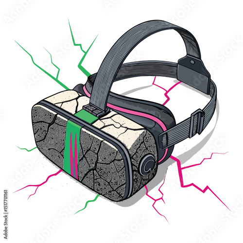 A broken VR headset, shattered with vibrant RGB static emanating from within, showcasing digital cracks and glitching pixels.