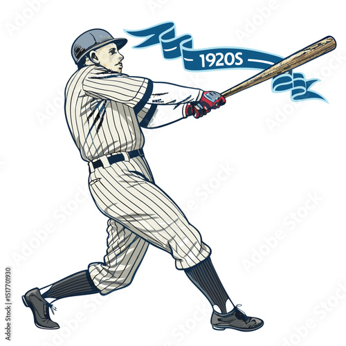 A 1920s baseball player, clad in pinstriped uniform, powerfully swings his bat, dynamic pose, vintage aesthetic.
