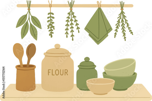 Rustic kitchen setup with wooden utensils, flour jar, bowls, and hanging herbs reflecting sustainable cooking and storage habits.