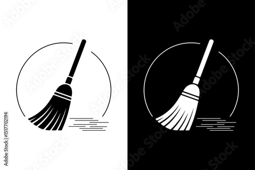 Editable Broom Silhouette Black and White Vector for Icons and Apps.