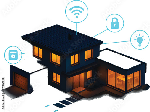 Modern isometric smart home with connected icons and glowing windows representing secure, automated, intelligent living systems.