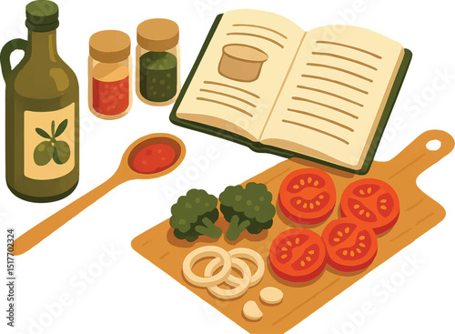 Healthy cooking ingredients on a kitchen table including olive oil, tomatoes, broccoli, spices and a recipe book.