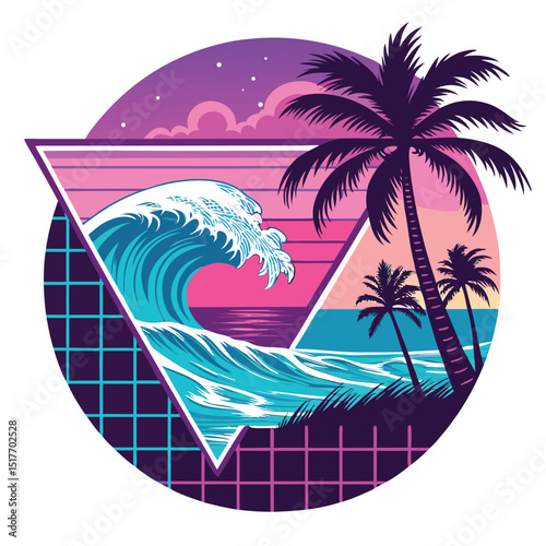 Design a vibrant 1980s-inspired vaporwave artwork featuring a surfer riding a wave, incorporating a glitchy, retro aesthetic and pastel color palette.