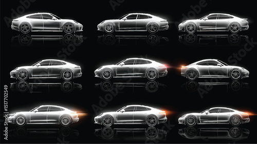 Sleek white sports cars in side profile with glowing lines on black background, highlighting motion and aerodynamic elegance.