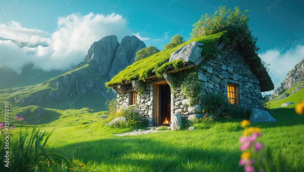 Fototapeta premium Secluded stone house in the mountains with picturesque landscape