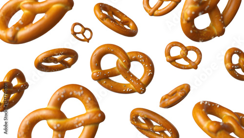 pretzels esparcidos por el aire. Aislados sobre fondo transparente. PNG.