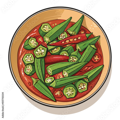 Close-up shot of Bhindi Masala, a vibrant Indian okra curry dish featuring sliced okra in a rich tomato gravy.  Show the texture and spices.