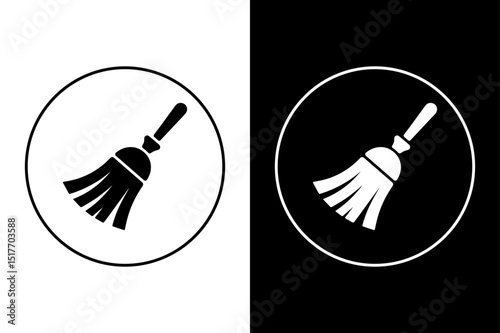 Black and White Broom Vector Silhouette Icon for Janitorial Tools.