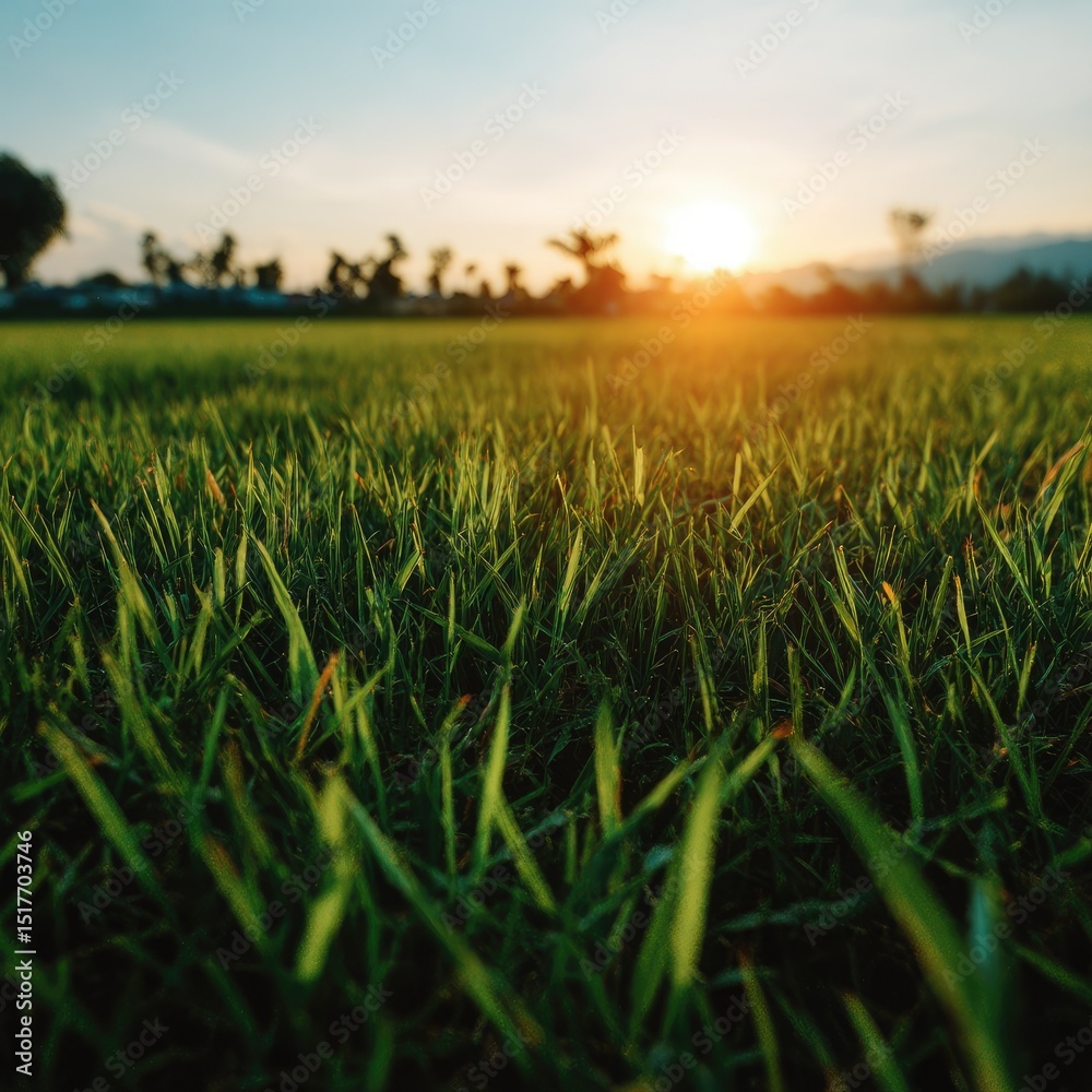 Fototapeta premium Lush green grass field at sunset. Golden light filters through blades of grass. Rural landscape