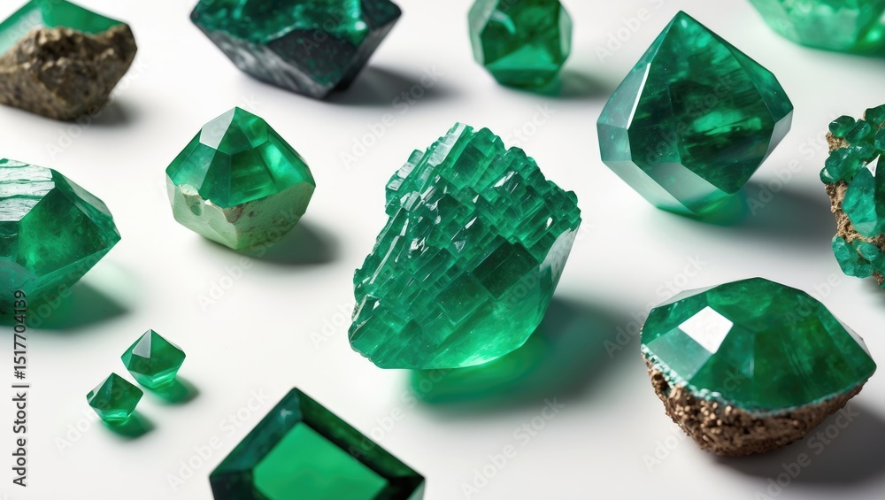Fototapeta premium Various raw emerald minerals isolated on white background