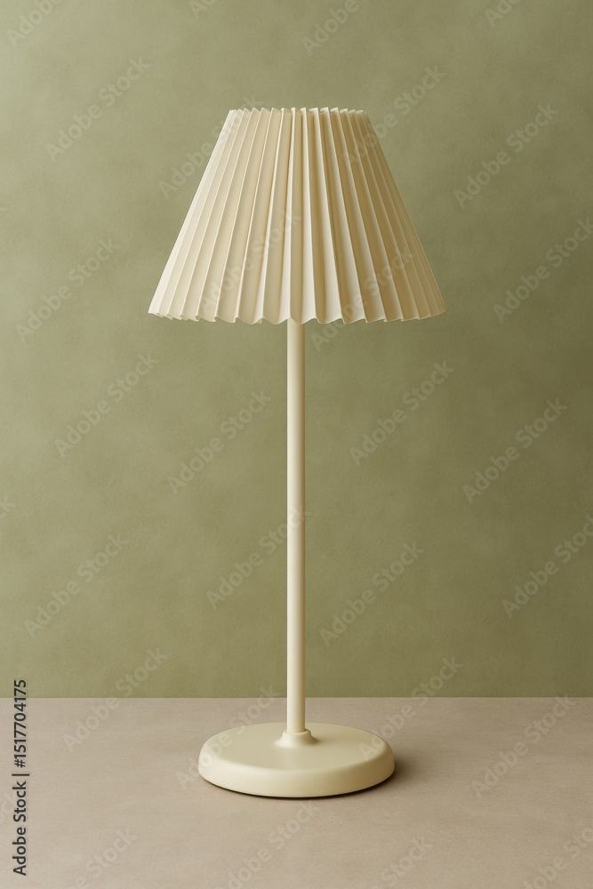 Obraz premium Cream-colored pleated lampshade table lamp with a slender stem and round base against a sage green wall.