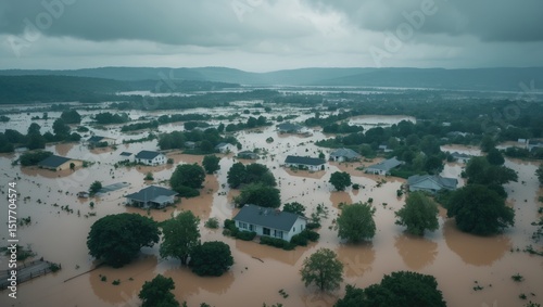 City infrastructure and houses inundated by floodwaters from heavy rain, drone aerial shot of European villages and river spillover