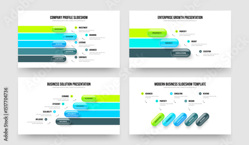 Project Plan Five Three Four Five Element Infographic Slide Design Vector Illustration Bundle. Enterprise Launch 5 3 4 5 Step Diagram Frame Template Collection.