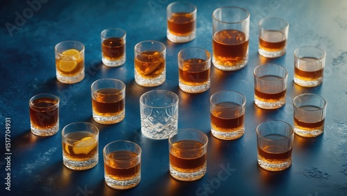 Strong alcohol drinks, hard liquors, and spirits served in glasses with cognac, scotch, whiskey, and more on a blue background from a top view