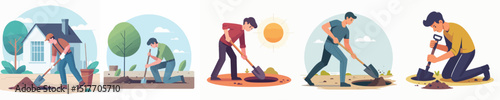 young man character vector digging the ground