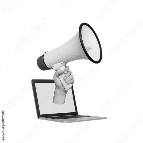 Another hand-held megaphone emerging from a laptop.
Halftone texture illustration highlighting digital speech, calls to action, or virtual presence.