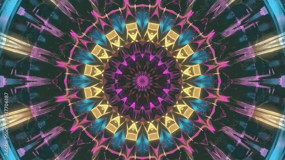 Abstract, vibrant, and intricate mandala-like kaleidoscopic pattern in brilliant colors. Perfect for digital art, meditation, spiritual, graphic design, and artistic backgrounds.