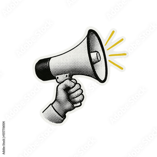Hand holding a megaphone with yellow sound rays in retro halftone style.
Grunge-inspired vector with bold outlines and vintage texture. Perfect for political posters, announcements, or social campaign