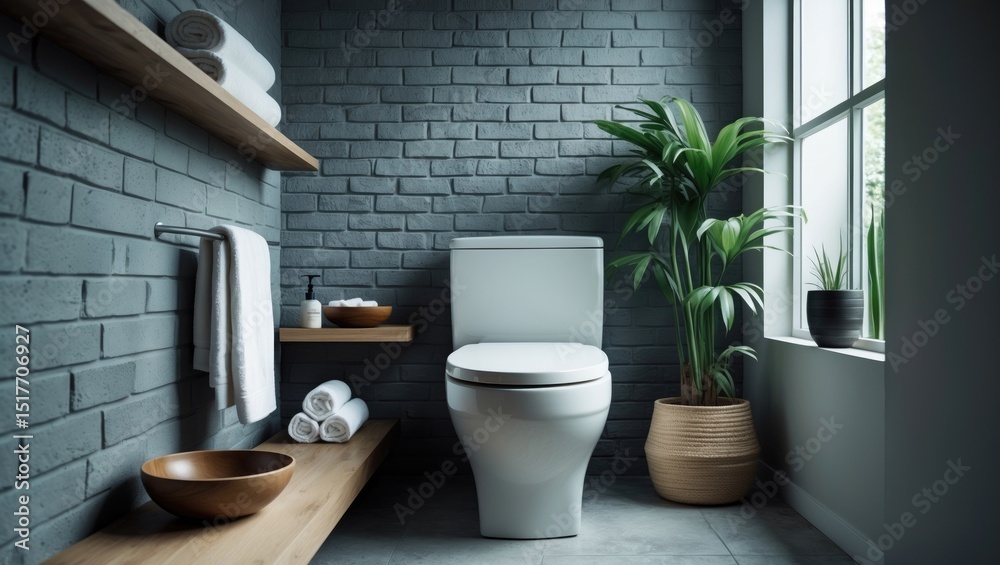 Fototapeta premium Modern house restroom with ceramic toilet, greenery, and shelving on a grey brick background
